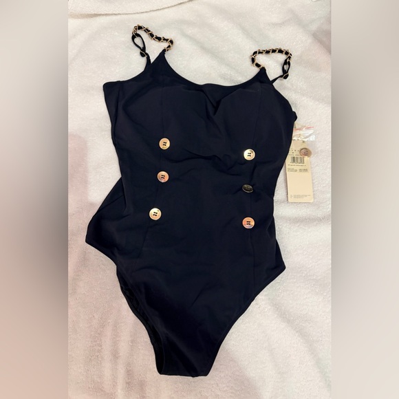 Gottex Navy One-Piece Swimsuit with Chain-Strap and Gold Buttons Luxury - Picture 2 of 10